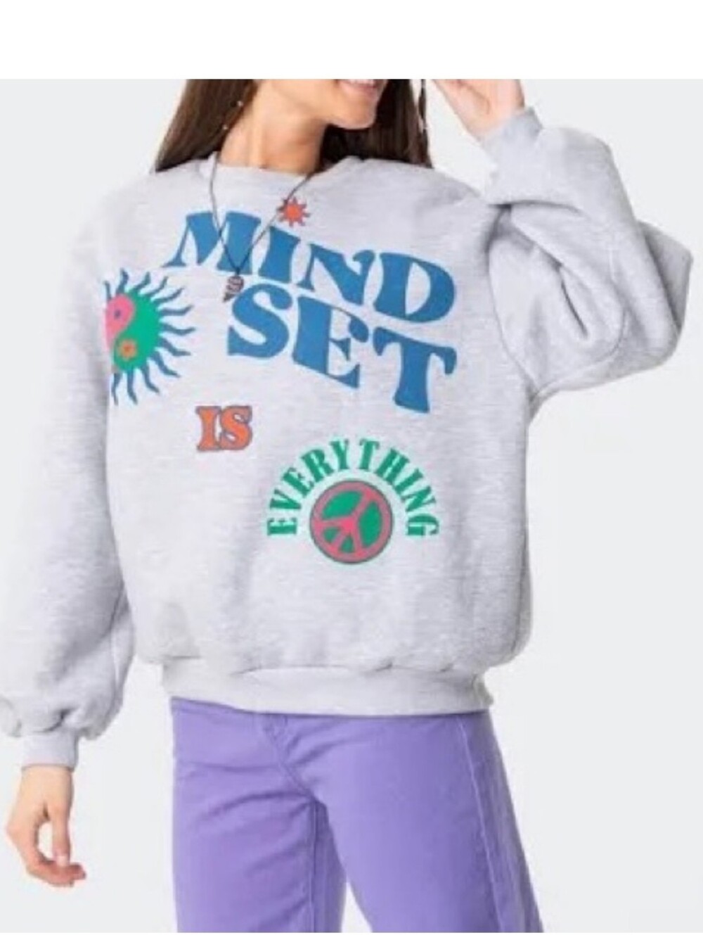 Edikted Heather Gray Sweatshirt with Blue, Green & Pink Graphics